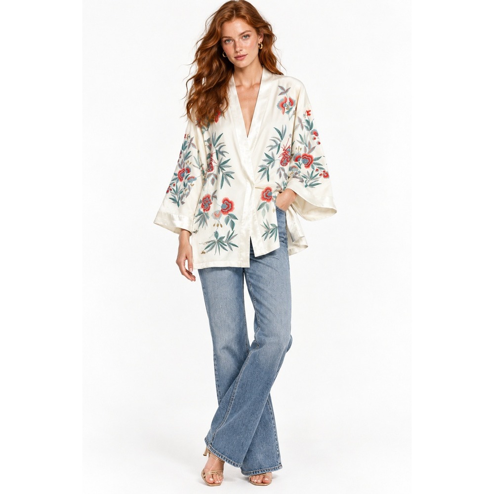 Colleen Lopez Ivory Floral Embroidered Kimono Jacket Satin Plus Size 2X